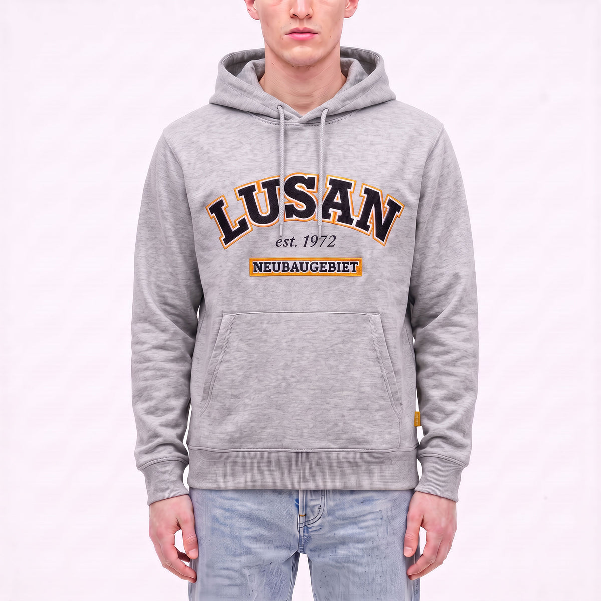 3ESSEN® LUSAN Hoodie HEATHER GRAY mit gestickter LUSAN-Stickerei – Vorderseite