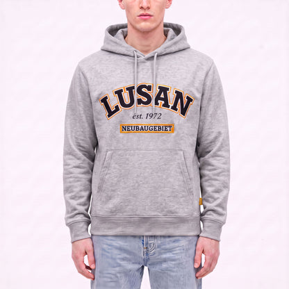 3ESSEN® LUSAN Hoodie HEATHER GRAY mit gestickter LUSAN-Stickerei – Vorderseite