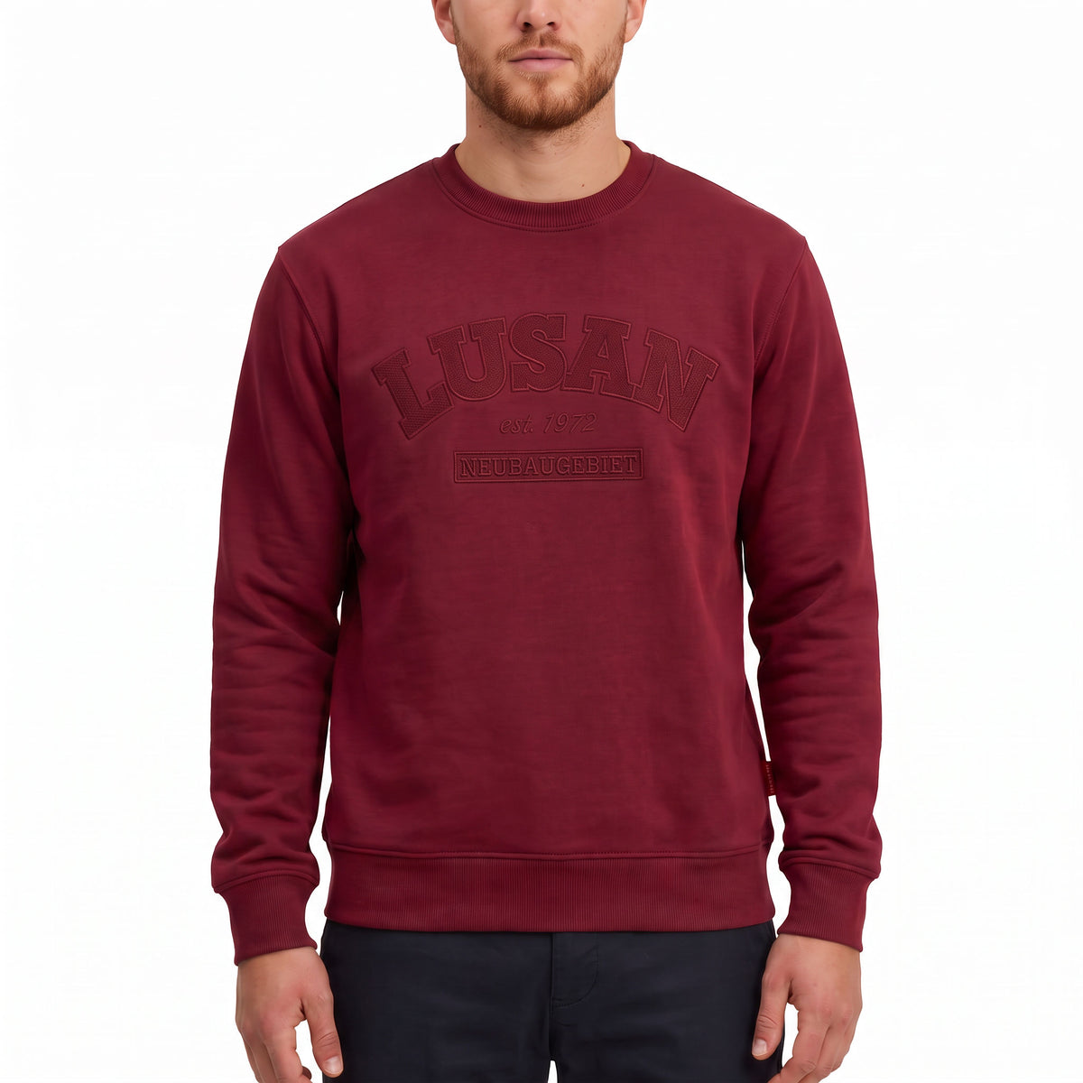 3ESSEN® LUSAN Sweatshirt BORDEAUX, Stickerei Ton in Ton – Vorderseite