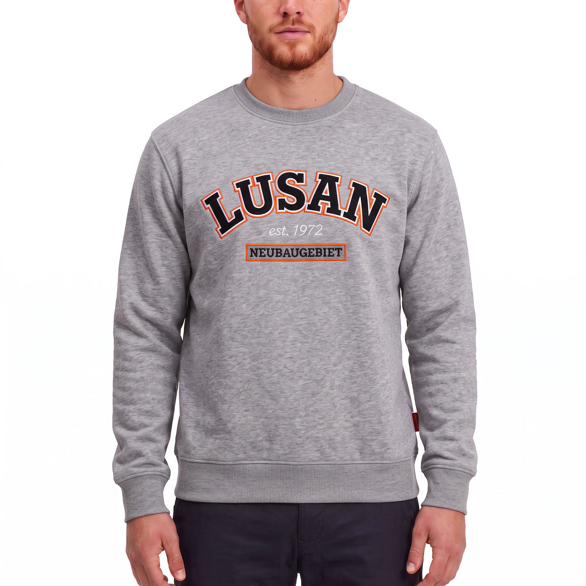 3ESSEN® LUSAN Sweatshirt HEATHER GRAY mit gestickter LUSAN-Stickerei – Vorderseite