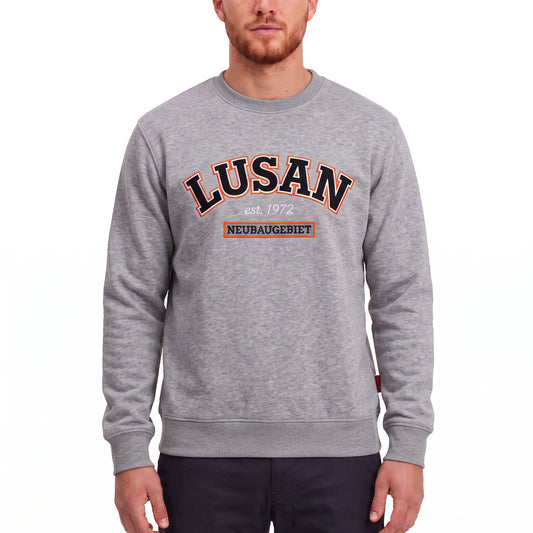 3ESSEN® LUSAN Sweatshirt HEATHER GRAY mit gestickter LUSAN-Stickerei – Vorderseite